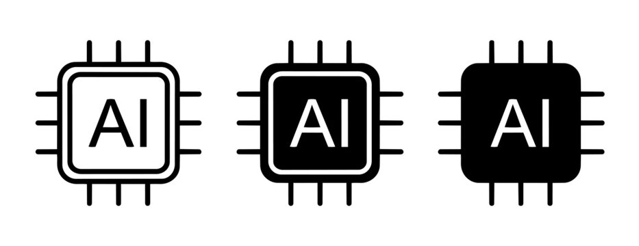 Three ai microchip icons in black and white with lines on a white background representing artificial intelligence technology