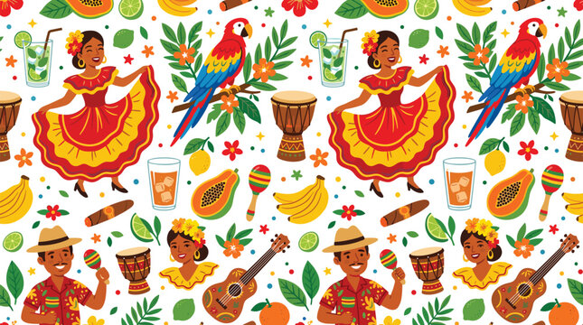 Cuban Festival Seamless Pattern with Traditional Salsa Dancers, Musician, Macaw Parrot, Tropical Fruits, Cocktails, and Musical Instruments Vector Illustration for Textiles
