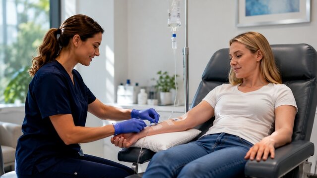 arafed woman getting a blood test from a nurse. Professional high resolution general stock image suitable for commercial, editorial, advertising, website, social media, and print use.