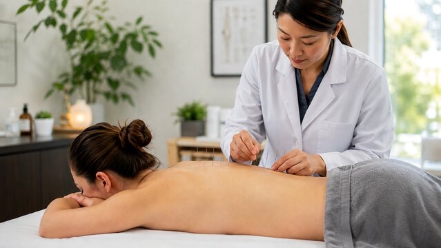 A woman receiving acupuncture from an acupuncturist 
