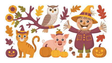 Obraz premium Colorful cartoon animals and birds playing together in autumn leaves