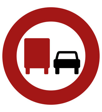 Overtaking restriction sign featuring a red truck icon and a black car icon denotes that passing is prohibited for heavy vehicles.