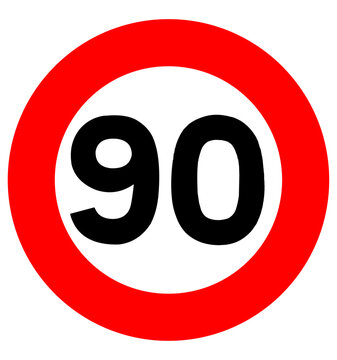 Speed limit sign displaying ninety kilometers per hour informs drivers of the regulatory maximum velocity allowed on this specific stretch of road.