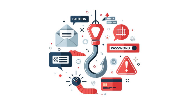 Phishing and Cyber Security Threat Illustration with Fish Hook, Credit Card Fraud, Malware, and Password Security Icons for Digital Safety Concepts