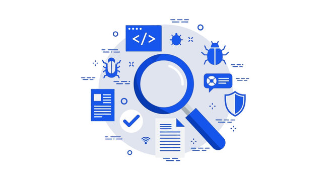Software Debugging and Cyber Security Analysis Concept with Magnifying Glass and Bug Icons