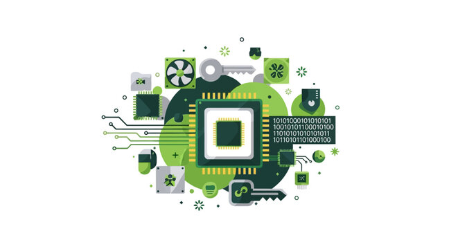 Modern technology illustration of a central CPU processor with binary code, security keys, and circuit board elements, symbolizing cybersecurity and hardware computing.