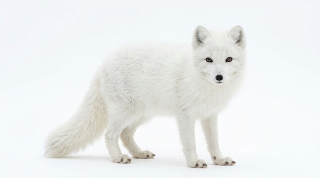 Arctic fox with white thick fur standing against a white snowy background wildlife predator creature landscape standing isolated background northern survival portrait