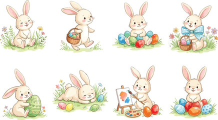 Obraz premium Cute Easter Bunny Watercolor Character Set, Cheerful Little Rabbits Painting Eggs, Holding Baskets, and Relaxing in Spring Grass Vector Illustration for Holiday Cards