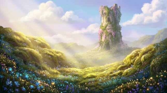 Fantasy stone tower ruins overgrown with flowers in a sunlit rolling meadow landscape scenery