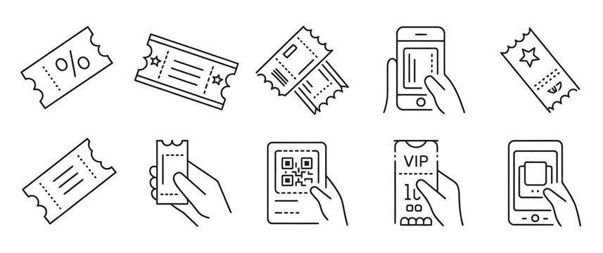 Linear icons of event tickets and mobile QR codes for digital booking systems