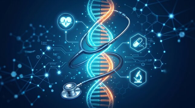 Stethoscope entwined with luminous DNA helix strand. Medical diagnostic technology concept with digital health icon interface. Science research and biology analysis blue background.