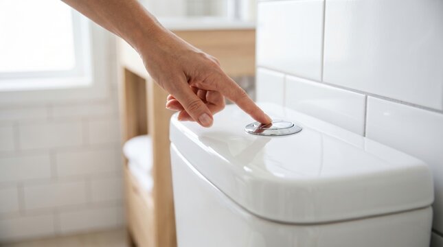 Woman finger pushing button on white toilet cistern. Hand flushing restroom facility for hygiene and sanitation. Cleaning concept in modern bathroom interior for home maintenance.