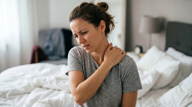 Woman sitting on bed touching her painful shoulder. Girl feeling neck and shoulder ache after sleep. Health problem, muscle strain and body tension concept. Morning at home bedroom.