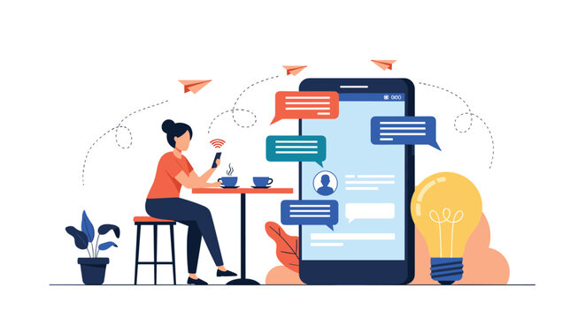 Woman sitting at cafe table and using smartphone for social media communication with large mobile phone screen and chat bubbles nearby.