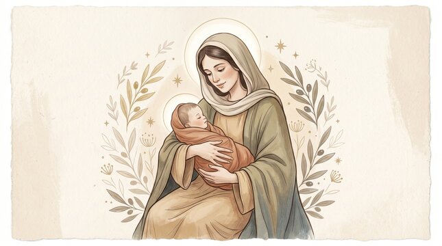 Woman holding baby Jesus. Religious illustration depicting Mary and child in nativity scene. Sacred motherhood concept for Christmas celebration and spiritual christian art template.