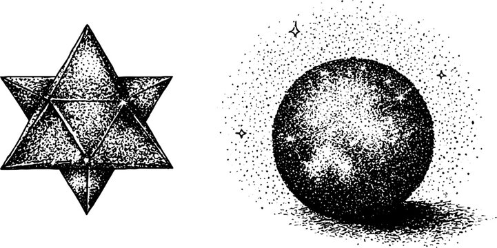 Geometric star tetrahedron and textured sphere on white