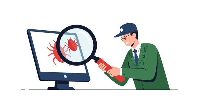 Cybersecurity Specialist Inspecting Computer with Magnifying Glass to Detect Software Bugs and Viruses, Flat Illustration for IT Security and Quality Assurance Concepts