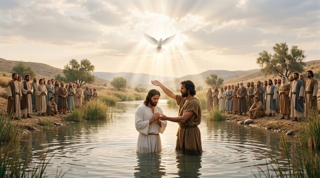 Jesus baptism by John the Baptist in the Jordan river. Traditional Bible scene with crowds watching. Divine light and dove descending from heaven. Christian religious ceremony concept.
