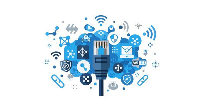 Network Connectivity and Cloud Computing Concept Illustration with Ethernet Cable Connector, Wi-Fi, and Data Security Icons for Digital Infrastructure