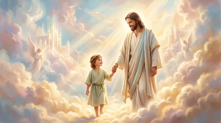 Obraz premium Jesus Christ holding hand of a little child walking among clouds in heaven. Religious biblical illustration of faith, love and divine protection. Inspirational spiritual concept.