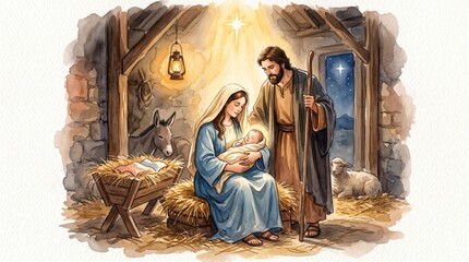 Fototapeta premium Nativity scene with woman and man holding baby Jesus in a stable. Watercolor illustration of holy family with donkey and lamb. Christmas holiday season and faith religious concept.