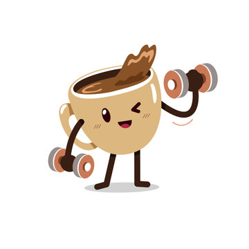 Cute coffee cup character lifting dumbbells vector illustration