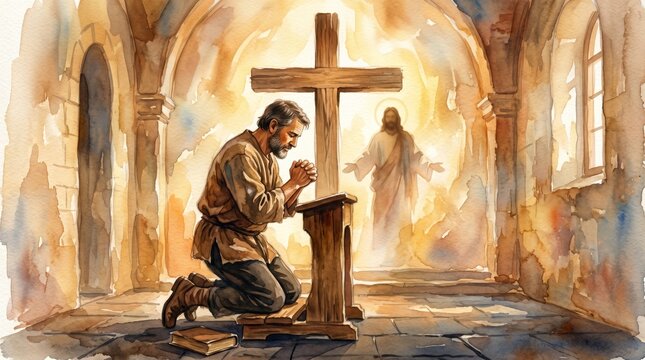 Man praying on knees before wooden cross in church. Spiritual vision of Jesus Christ appearing in light. Religious devotion, faith, hope and belief in divine miracle. Watercolor style.