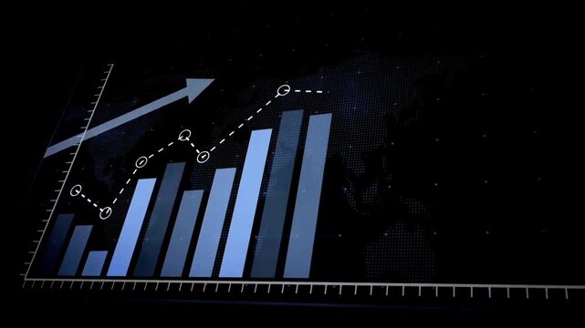 Futuristic business growth bar chart animation with world map background