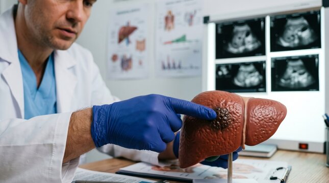 Man doctor pointing to tumor on liver model. Hepatologist examining human organ anatomy for diagnosis. Medical professional consultation and liver disease awareness clinical concept.