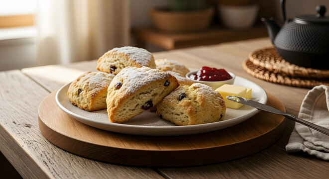 Delicious scones with jam and butter on a rustic wooden table.