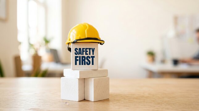 Yellow protective hard hat on wooden block with text safety first. Occupational hazard prevention concept. Industrial construction site management and workplace health protection strategy.