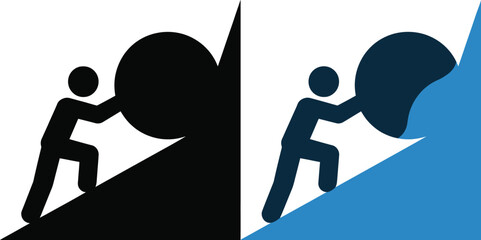 Man pushing, large rock uphill symbol, effort and struggle concept showing determination endurance obstacles and personal growth challenge. © Eva Elrod
