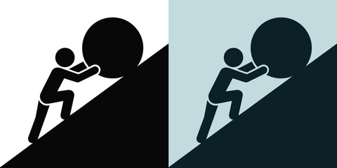 Man pushing, stone up hill icon, heavy effort concept representing resilience struggle progress and overcoming difficulties motivation design. © Eva Elrod