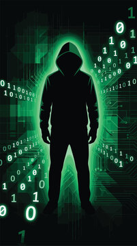 Silhouette of hooded figure in digital background with glowing green binary code and circuit grid, symbolizing cyber anonymity.
