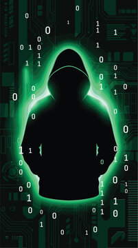 Silhouette of hooded figure outlined in glowing green light with binary code and circuit patterns, symbolizing cyber secrecy