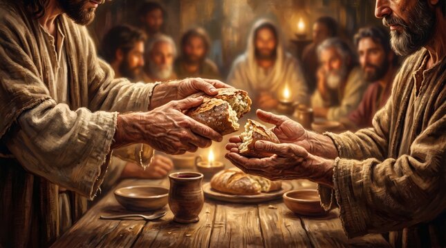 Jesus breaking bread with disciple at the Last Supper table. Group of man eating dinner in ancient room with dim candlelight. Religious biblical scene, faith and spiritual community.
