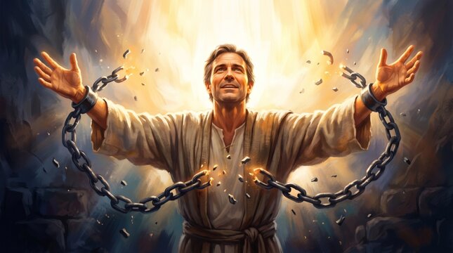 Man breaking iron chains on wrist inside dark cave. Hopeful guy achieving freedom and liberty. Conceptual religious scene of salvation and resurrection with bright glowing golden light.