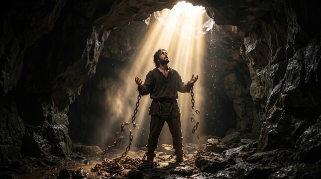 Man breaking iron chains in dark cave under single beam of light. Prisoner finding liberation and hope. Spiritual awakening, freedom concept and metaphor for overcoming life struggle.