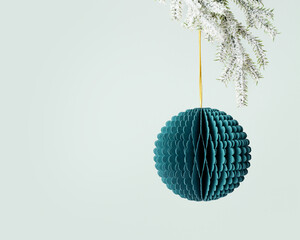 Obraz premium Green paper Christmas round ball, New year ornament hanging on gold string on white snow fir tree branch on mint background. Festive Christmas bauble, winter holiday decor honeycomb scandi style