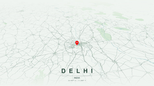 Modern minimalist vector map of Delhi, India. High-quality scalable illustration of New Delhi radial grid, Old Delhi Shahjahanabad fraktal, Yamuna River contours for posters design.