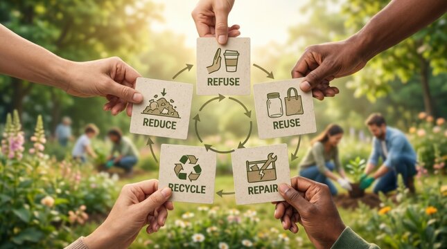 Diverse hands holding circular economy sustainability cards with 5R framework in a community garden