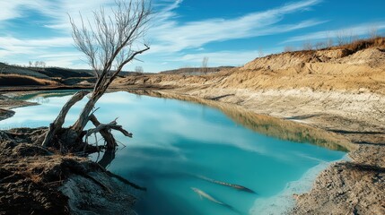 Obraz premium Dead tree by a turquoise lake.