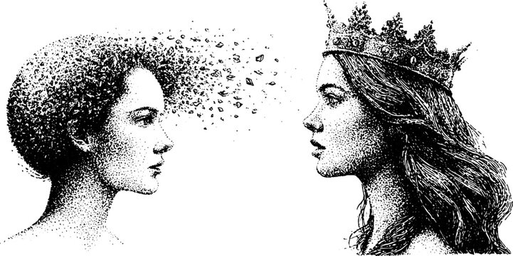 Two women facing each other with crown and dissipating particles