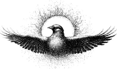 Obraz premium Raven spreading wings with ink dotted halo background