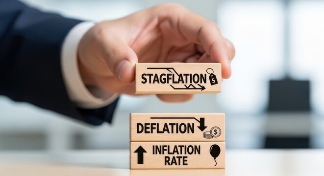 A person stacking wooden blocks with inflation rate terms on a table