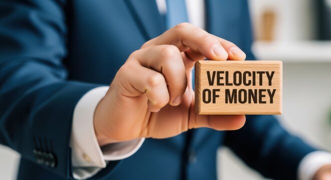 Businessman holding wooden block with velocity of money concept in office