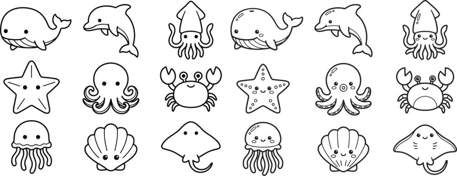 Set of cute sea creatures and marine animals line art icons with creatures jellyfish starfish stingray underwater collection wildlife