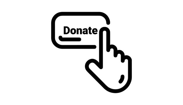 Black and white linear vector icon of a human hand clicking a digital online charity donate button