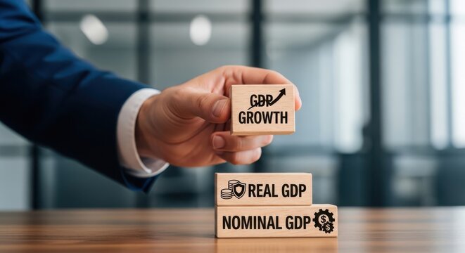 A person in a blue suit holding a wooden block with gdp growth on a table with other blocks