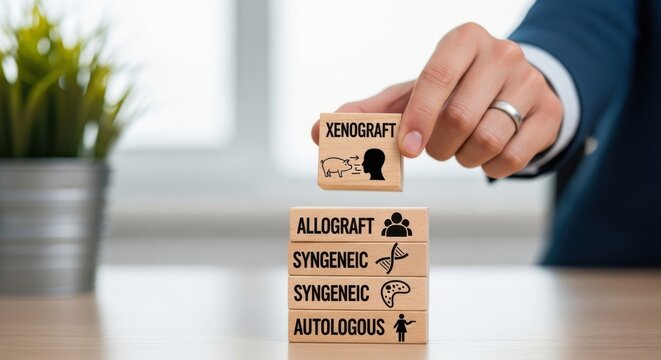 A person placing a wooden block labeled xenograft on top of other blocks